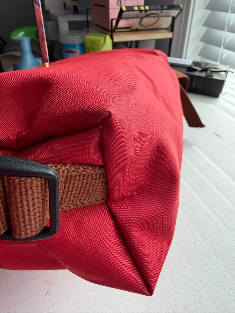 Longchamp Le Pliage Red Backpack with Brown Trim